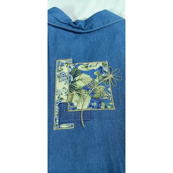 vintage koret crop top blue floral denim embroidered floral wooden button womens - Picture 10 of 10